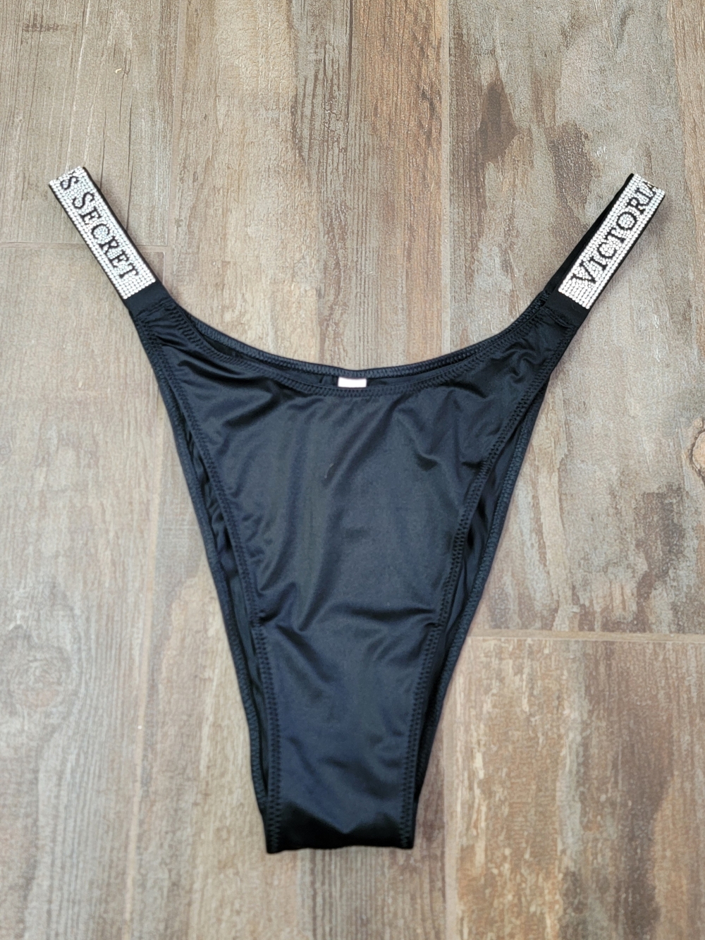 Victoria's Secret Very Sexy Black Panty Rhinestone Strap High Brazilian Satin XL